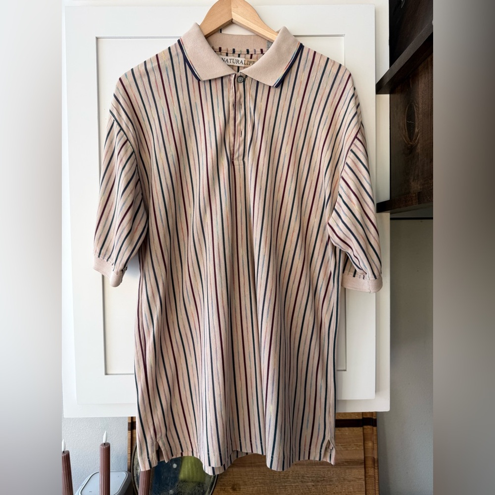 Vintage Naturalife Striped Polo Shirt • Tan Neutral Knit • Size L